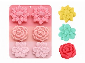 Molde silicona tricolor rosa 6 flores grandes 